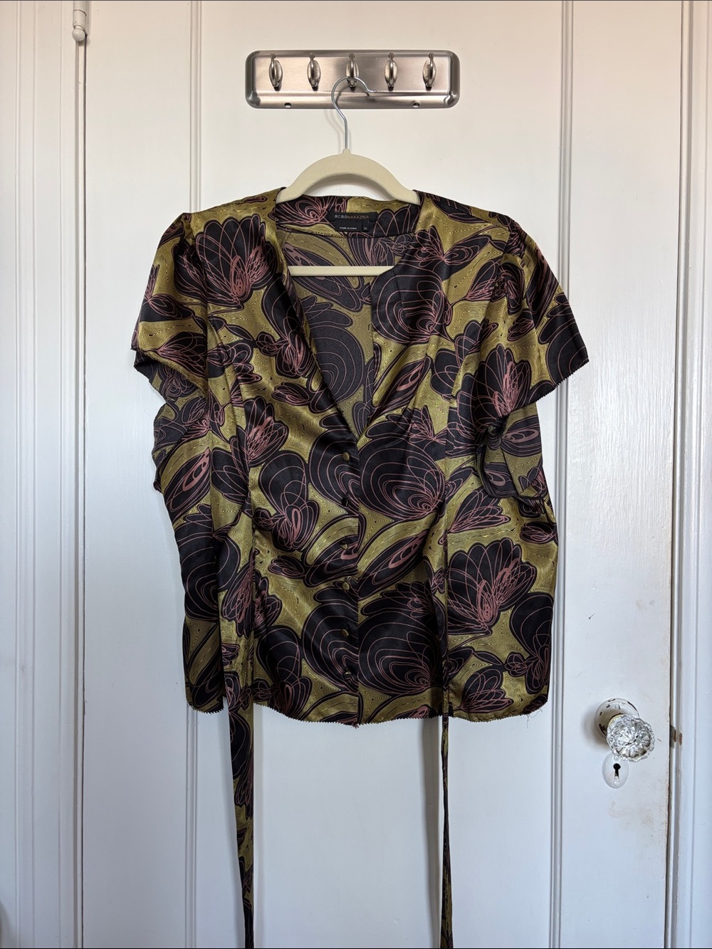 BCBGMaxAzria Olive Green Floral Wrap Blouse with Black & Pink Accents